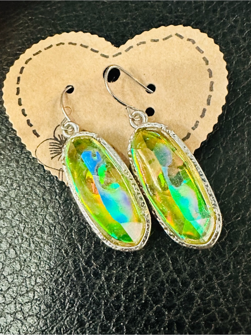 Silver Holographic Green Teardrop Dangle Earrings - Women Jewelry
